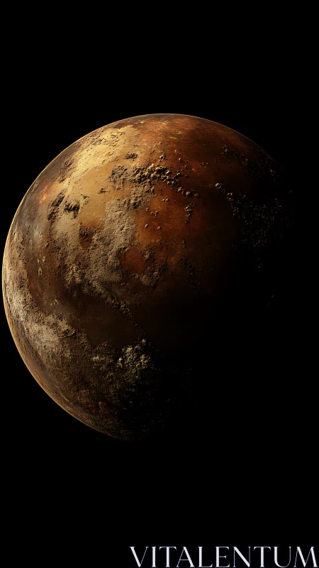 Rugged brown planet in deep space with shadowed surface.