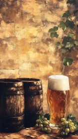 Rustic beer glass, wooden barrels and grapes on table.