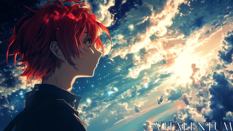 Red haired youth gazes toward blazing celestial sunrise sky