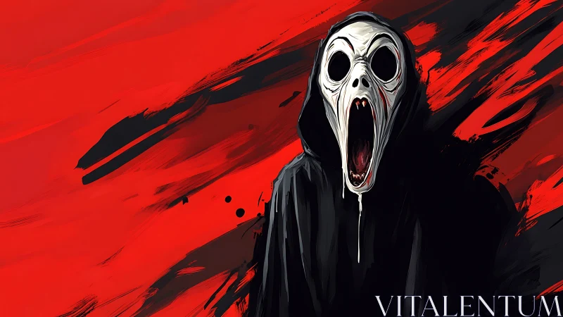 Hooded skeletal figure on red and black abstract ground.