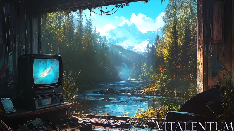 Retro CRT workstation overlooking glacial river valley landscape.