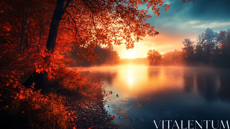Sunrise ignites a tranquil autumn lake in glowing mist