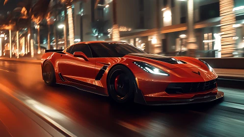 Red sports car races through neon-lit city streets at night.