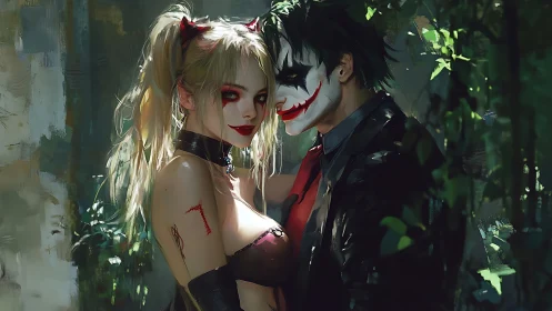 Dark clown couple embrace in lush, shadowy forest scene.