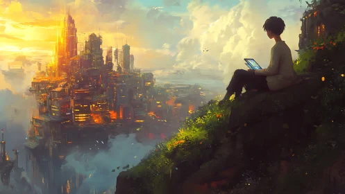 Solitary dreamer overlooks a glowing futuristic sky city at dusk
