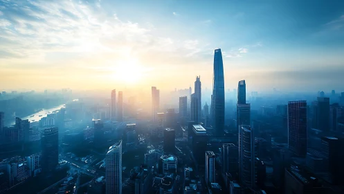 Sunrise light washes a modern city skyline in soft blue haze