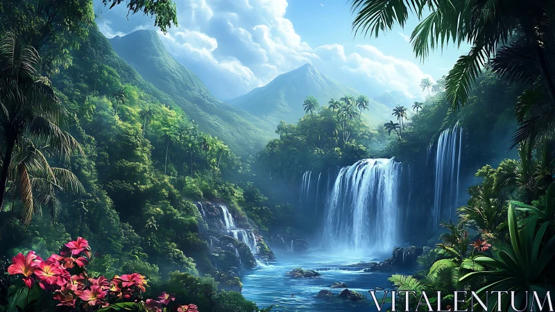 Lush tropical waterfall valley under bright mountain sky.