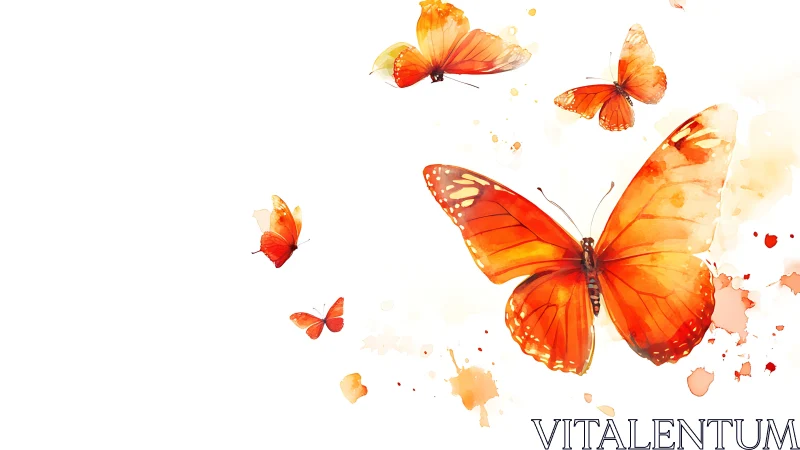 Orange watercolor butterflies drift like spilled sunset ink
