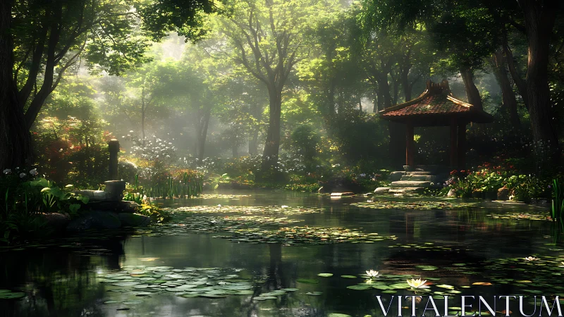 Sunlit lily pond surrounds tranquil forest pavilion