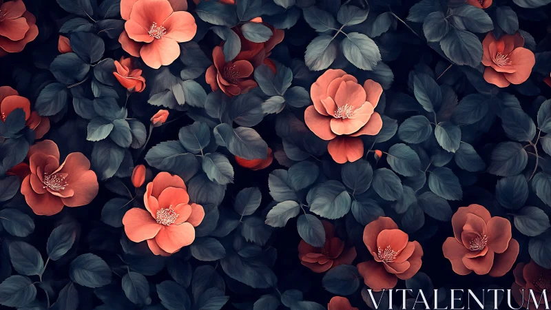 Coral Blooms Among Dark Foliage in Moody Floral Garden.