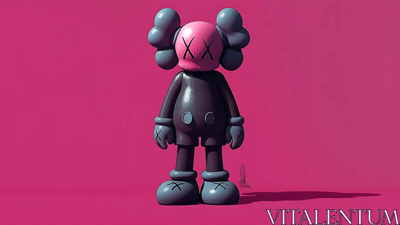 Playful pink pop figure standing in a bold candy world.