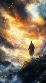 Lone robed figure on storm-swept rocks under blazing nebula sky