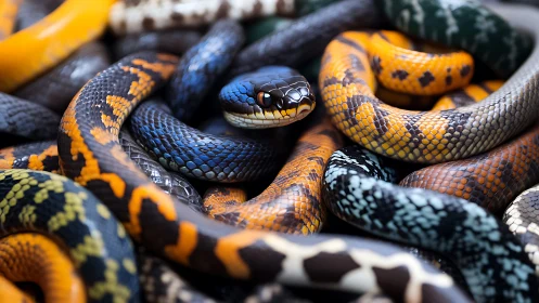 Colorful snakes coil together in a vivid, detailed bundle