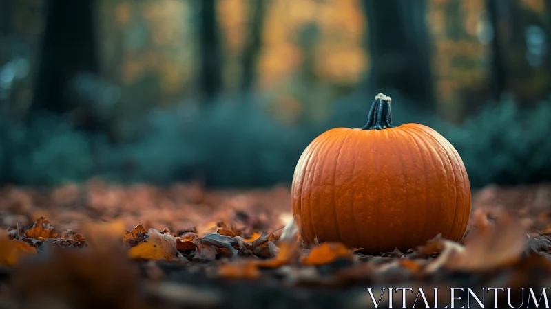 Cozy orange pumpkin resting softly in a quiet autumn forest.