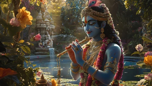 Highly detailed blue deity portrait with ornate jewelry in garden