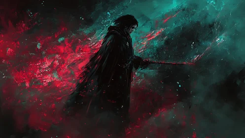 Midnight mage carving neon scars through stormed voids.