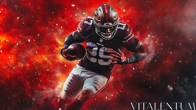 Dynamic football runner in red explosive digital storm.