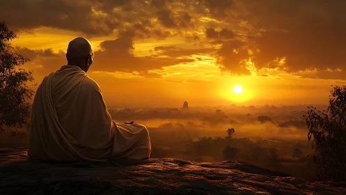 Monk in saffron robes observing misty valley sunrise.