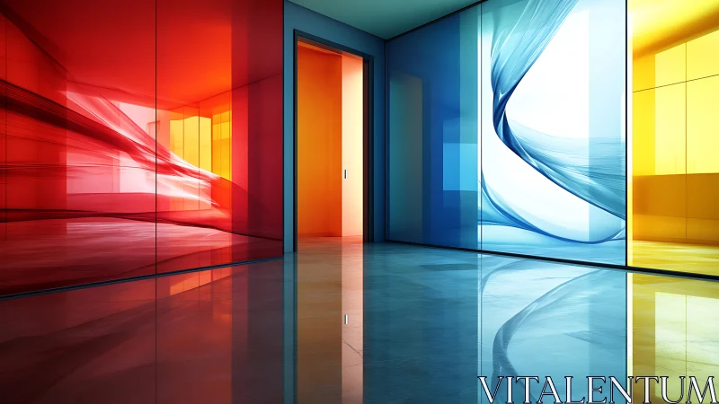 Color-blocked glass corridor shows red, blue and yellow walls