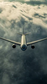 Commercial jet aircraft flies above dense cloud layer vertically