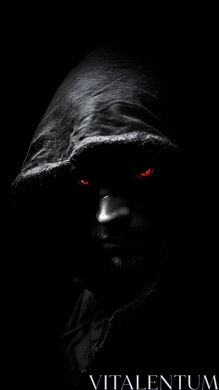 Hooded male figure in deep shadow with glowing red eyes.