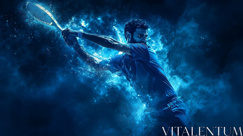 Electric tennis swing in blue particle storm motion.