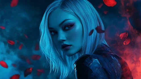 Cyan-lit cyber femme amid red particle embers turns back