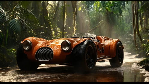 Retro orange race car cuts through misty jungle track.