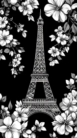 Paris tower in monochrome bloom, a dreamy floral embrace.