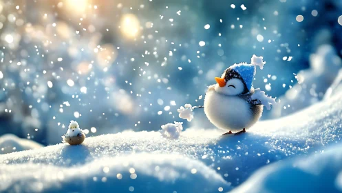 Cute penguin chick playing joyfully in falling snow.