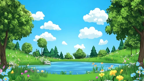 Lazy summer clouds drift above a storybook meadow pond