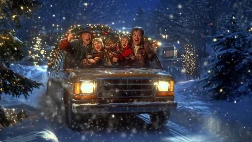 Family in station wagon under winter holiday lights at night.