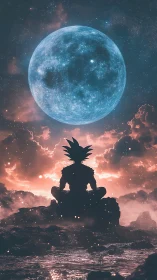 Backlit warrior silhouette meditating beneath oversized blue moon