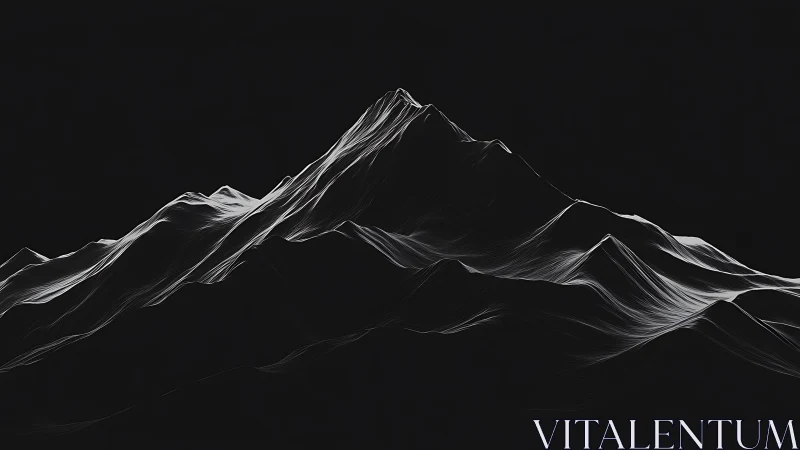Monochrome mountain ridges traced with luminous contour lines.