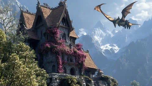 Stone cottage with dragon over snowy mountain valley.