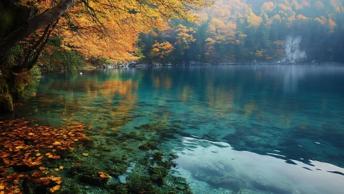 Clear turquoise lake reflects dense autumn forest along shore