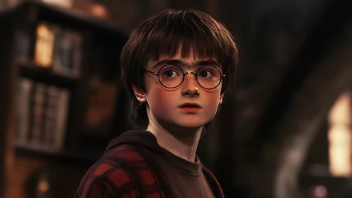 Wide-eyed young mage in warm library shadows, spellbound gaze.