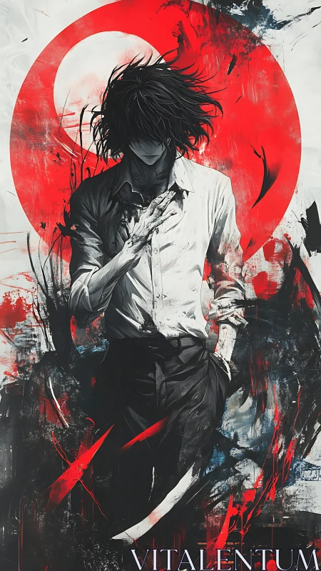 Monochrome antihero framed by red abstract eclipse halo