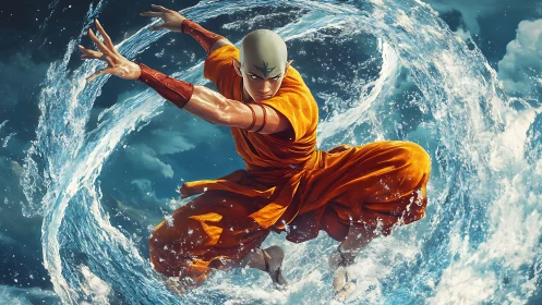 Martial artist manipulates vortex water ring with dynamic pose