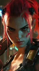 Cyberpunk warrior locks on target with fierce neon stare.