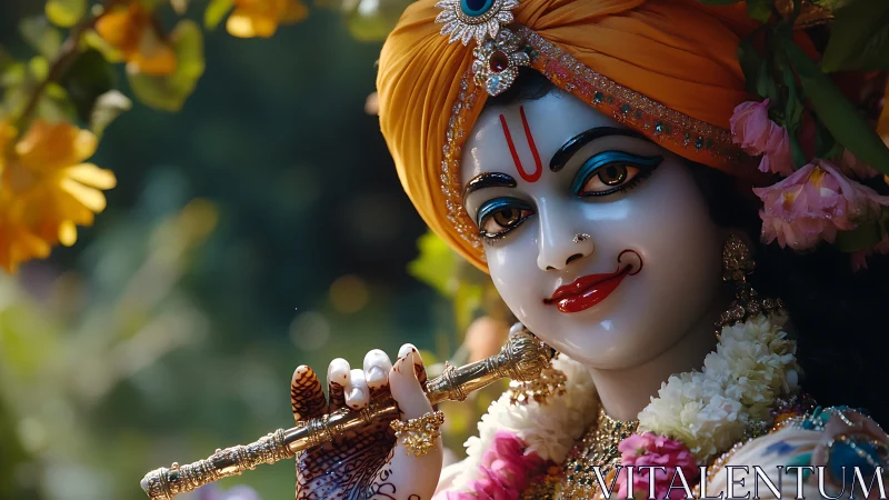 Krishna idol with flute amid flowers and soft greenery.