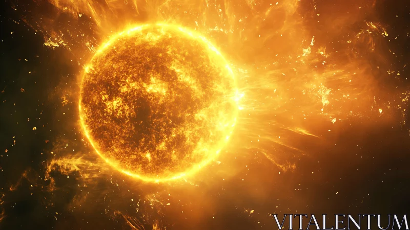 Solar inferno sphere hurling golden storms into void.