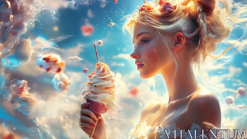 Daydreaming dessert goddess crowns the sky with ice cream