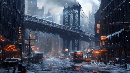 Snow-laden bridge corridor spans neon-lit winter urban street