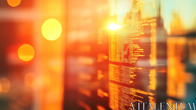 Golden code reflections stream across glass data wall.