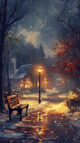 Snowy park path glows under warm lamplight and cottage