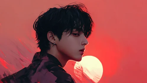 Crimson sunset portrait of pensive youth in profile view.