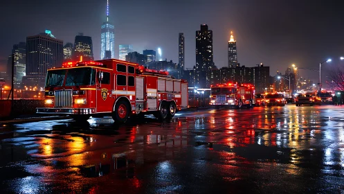 Fire Trucks Stationed Before Illuminated Manhattan Skyline
