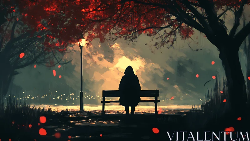 Hooded figure on bench under crimson autumn trees at dusk