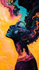 Profile silhouette merges with fluid multicolor abstract field